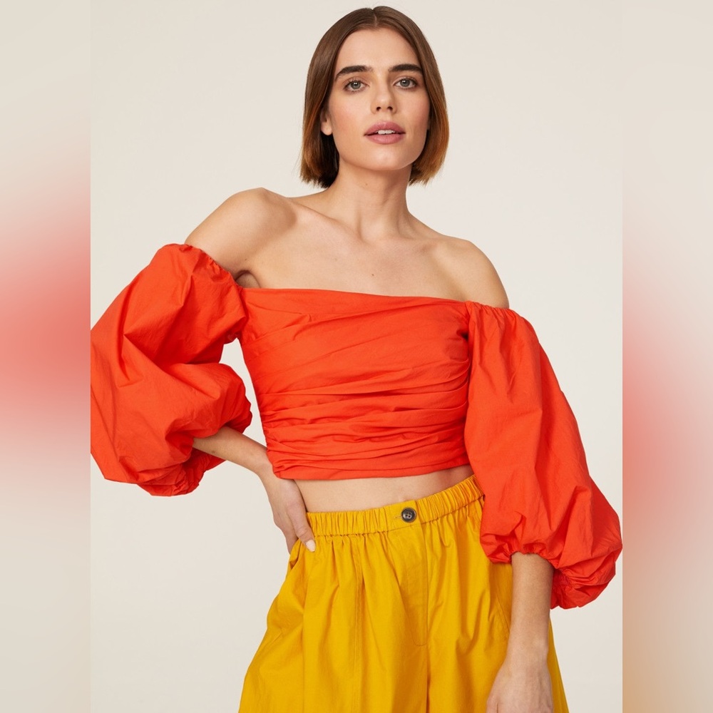 Tanya Taylor off the shoulder puff sleeve Alondra Crop Top in bright orange
